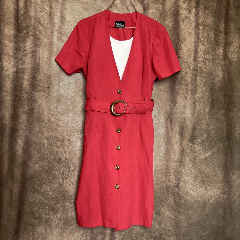 Whirlaway Frocks Vintage 80s Shift Dress Red Belted Midi Short Sleeve Womens 14P